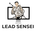 Cartoon image of a martial artist in a white gi with black belt emerging from a computer screen, with "Lead Sensei" written beneath. The martial artist is in a fighting stance and saying "aye.