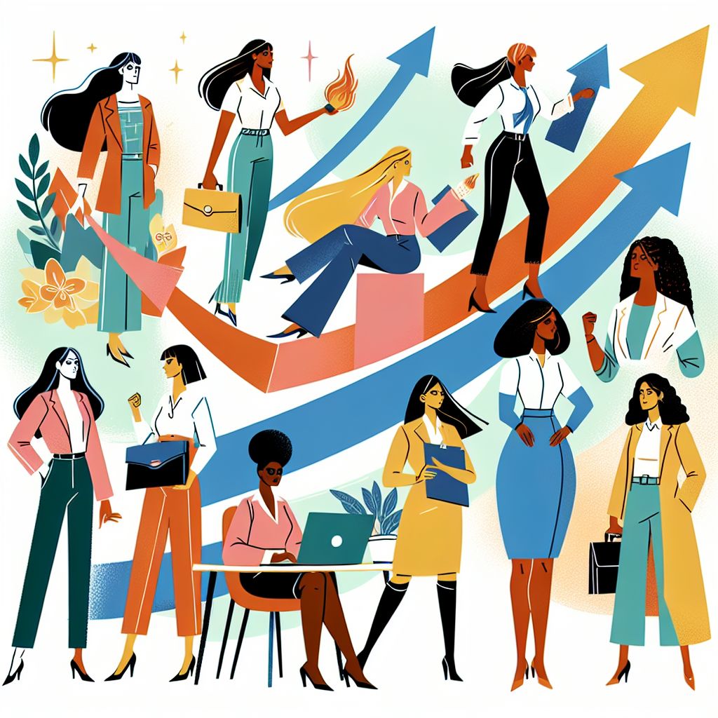 Illustration of diverse, confident women in business attire, some holding laptops or briefcases, standing and interacting with rising arrows and floral elements in the background, symbolizing growth and empowerment.