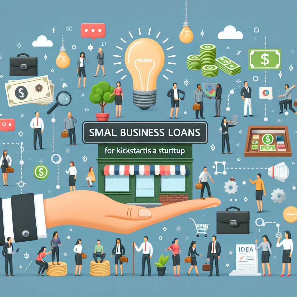 An illustrated hand holds a small storefront with a sign reading “SMALL BUSINESS LOANS for kickstart is a startup,” surrounded by icons of money, businesspeople, lightbulb, charts, coins, briefcases, and plants.
