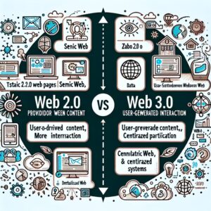 Infographic comparing Web 2.0 and Web 3.0, showing differences in content creation, interaction, decentralization, and participation, with illustrative icons and key features for each web version.