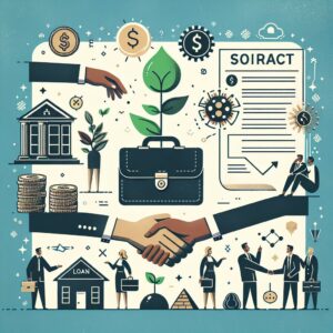 Illustration of hands shaking, a plant growing from a briefcase, coins, bank, loan document, and businesspeople, symbolizing business growth, finance, investment, partnership, and economic concepts.