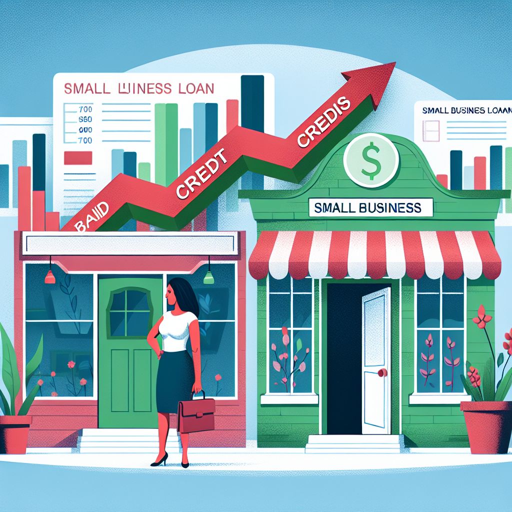 A woman stands outside two small business storefronts, with charts showing credit scores and loans in the background. A red arrow labeled "BUILD CREDIT" rises upward, symbolizing improving business credit.