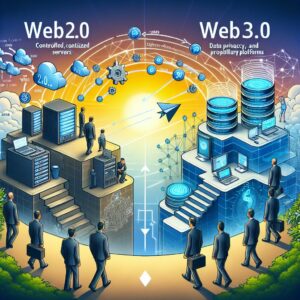 A vibrant illustration contrasts Web 2.0, with centralized servers and businesspeople, and Web 3.0, showing decentralized servers, blockchain icons, and people entering a connected digital network, highlighting the evolution of internet platforms.