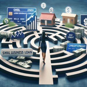 A businesswoman enters a circular maze filled with signs for small business loans, credit cards, interest rates, cash, and charts, symbolizing the complex financial decisions faced by entrepreneurs.