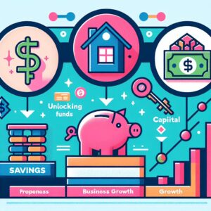 Colorful illustration showing a piggy bank with icons for savings, home, and capital. Arrows point to growth charts and dollar bills, with labels for savings, unlocking funds, business growth, and capital.