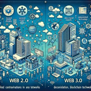 Split illustration comparing Web 2.0 and Web 3.0: Web 2.0 shows centralized servers, social media, and data sharing; Web 3.0 features decentralized networks, blockchain, smart contracts, and increased user control, all in blue tones.