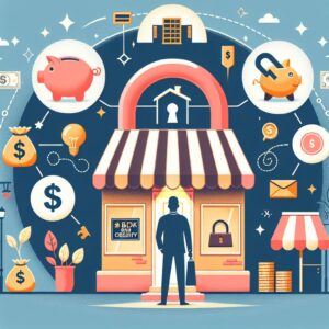 A person stands in front of a small business storefront, surrounded by icons representing finance, savings, security, and business growth, including piggy banks, dollar signs, a lightbulb, and a lock.
