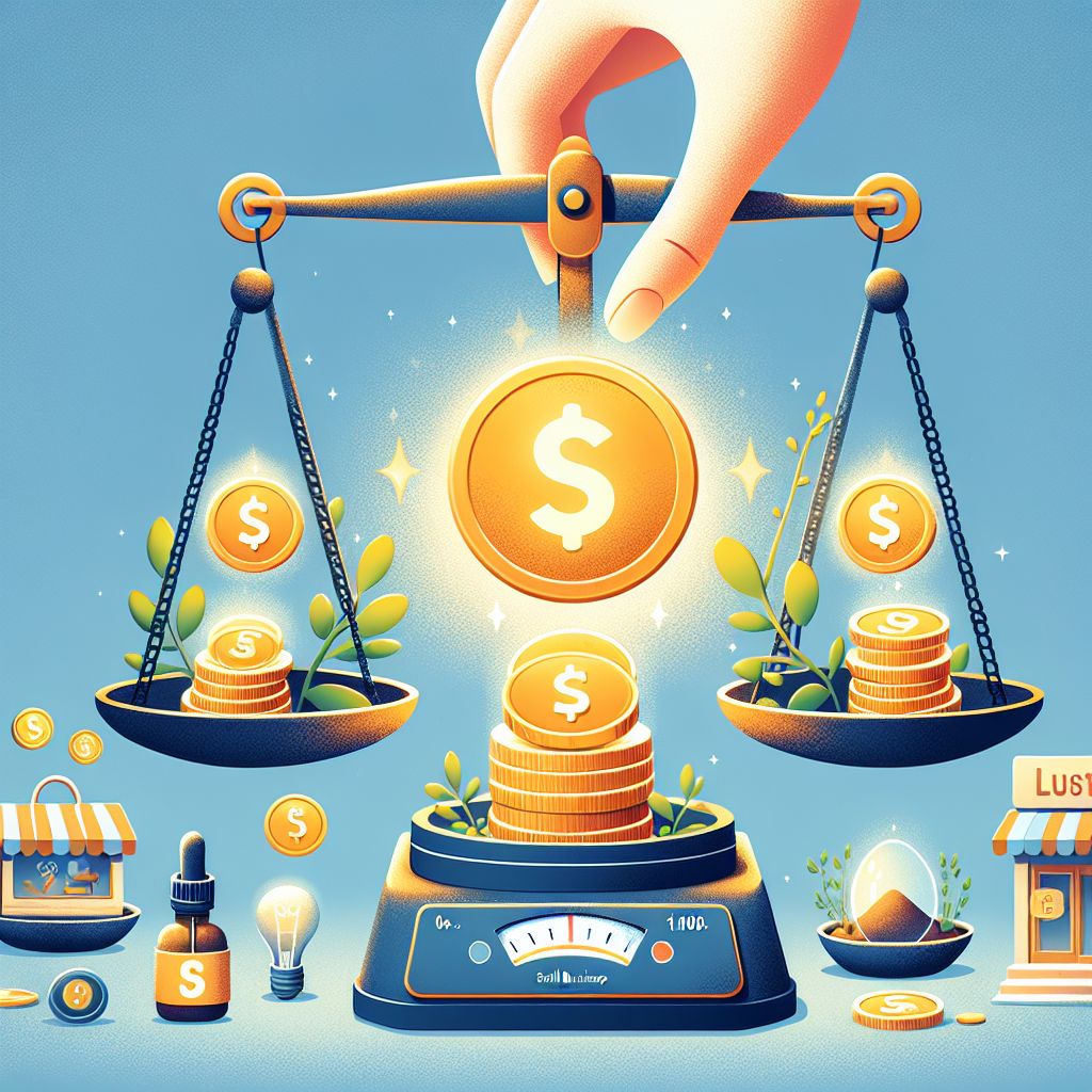 A hand holds a scale balancing gold coins with dollar signs, surrounded by symbols of business, light bulbs, and growth, representing financial decision-making and investment.