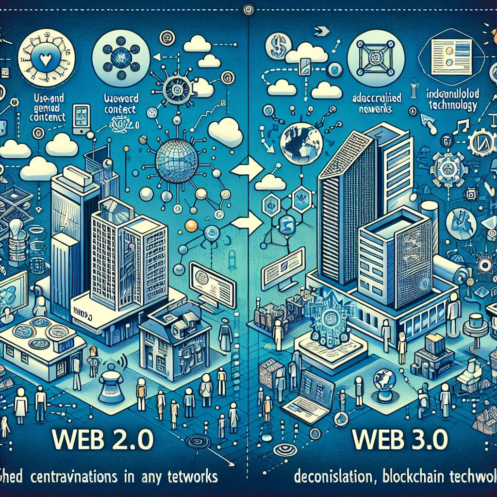 A split illustration compares Web 2.0 (centralized networks, user-generated content, social media) with Web 3.0 (decentralization, blockchain, smart contracts, digital assets) using buildings, people, and digital icons in blue tones.