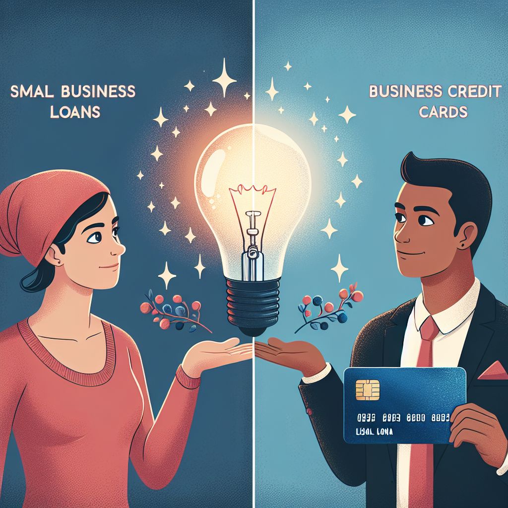 A woman holding a glowing light bulb labeled "Small Business Loans" faces a man in a suit holding a credit card labeled "Business Credit Cards," illustrating different business financing options.