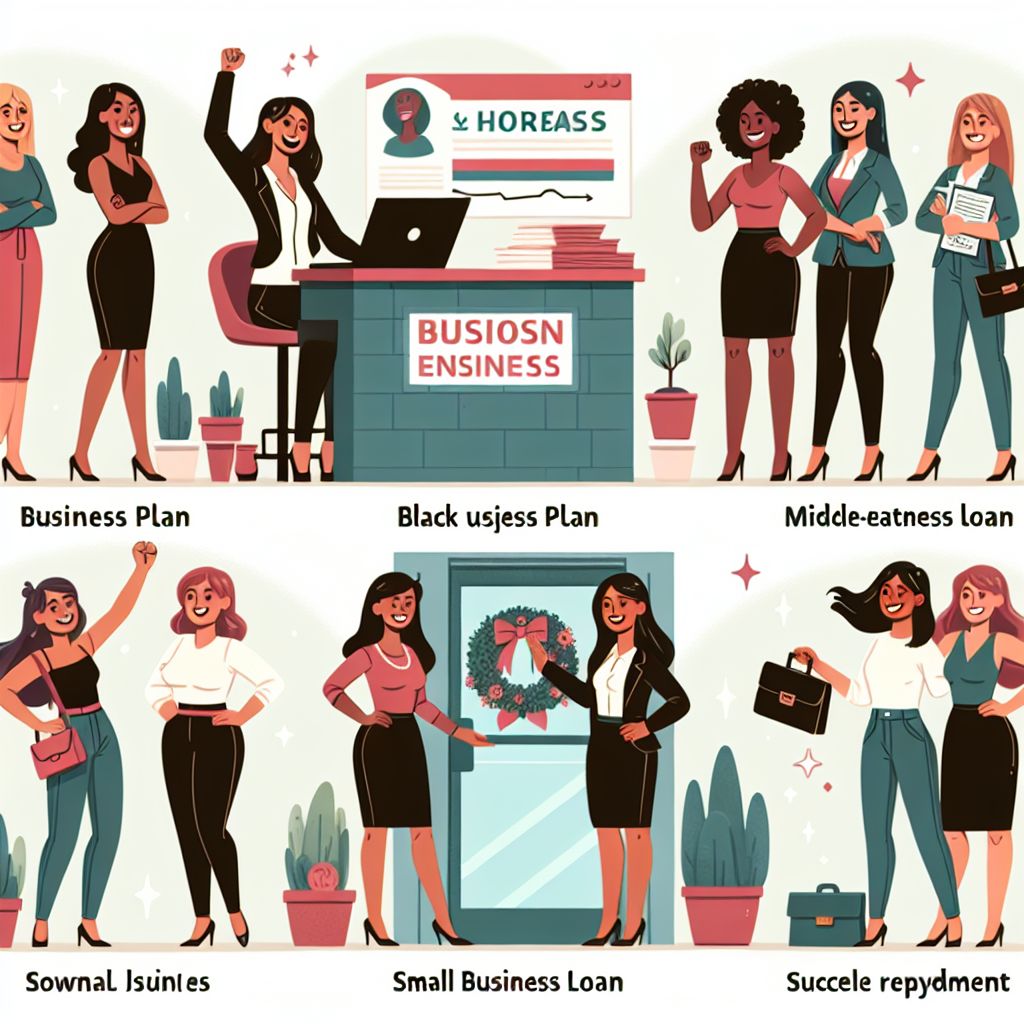A cartoon illustration shows women in business settings with misspelled captions like "Busison Ensiness," "Black usjess Plan," and "Sownal Isuines," representing business plans, loans, and entrepreneurship.