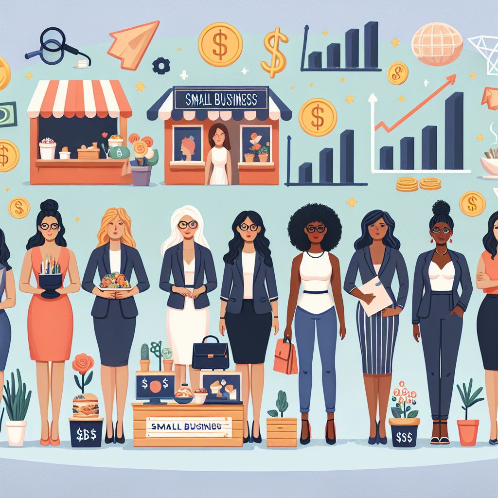 Illustration of diverse women entrepreneurs in business attire standing in front of charts, dollar signs, and small business booths, symbolizing business growth, finance, and female-led small businesses.