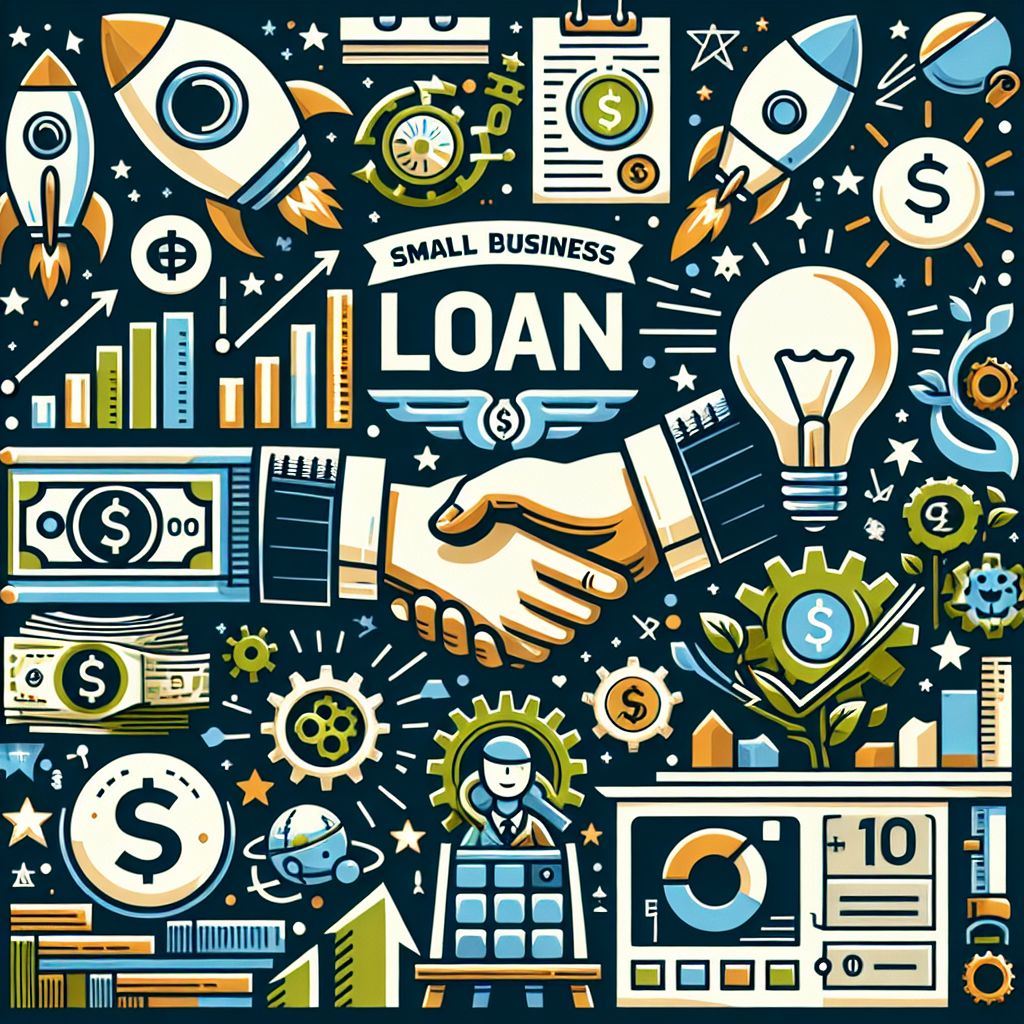 Illustration featuring business and financial icons including rockets, money, graphs, a handshake, lightbulb, gears, and the words “Small Business Loan,” symbolizing funding and growth for small businesses.