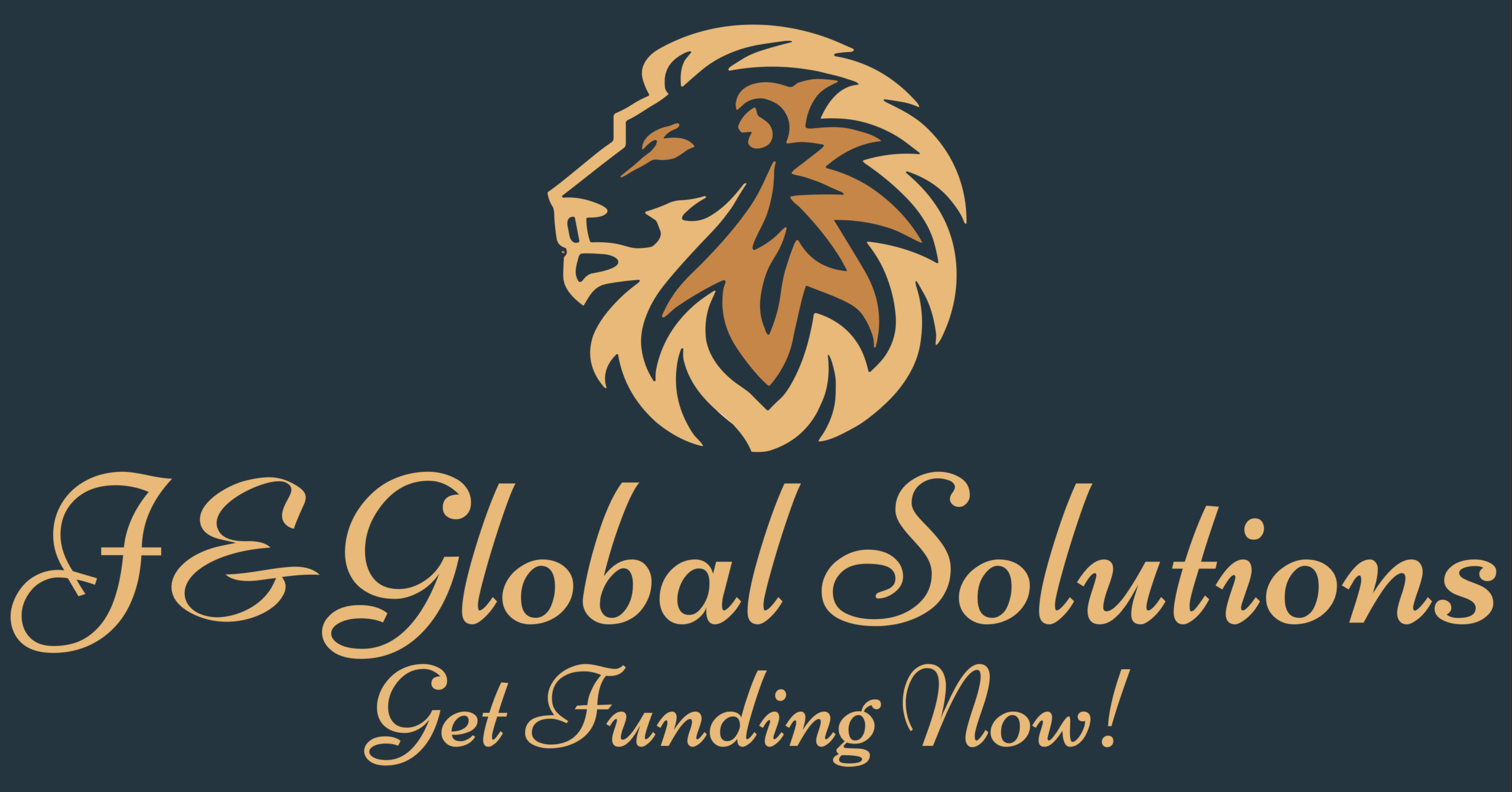 Logo for JF Global Solutions featuring a stylized gold lion's head above the company name in elegant script, with the tagline "Get Funding Now!" underneath, all on a dark background.